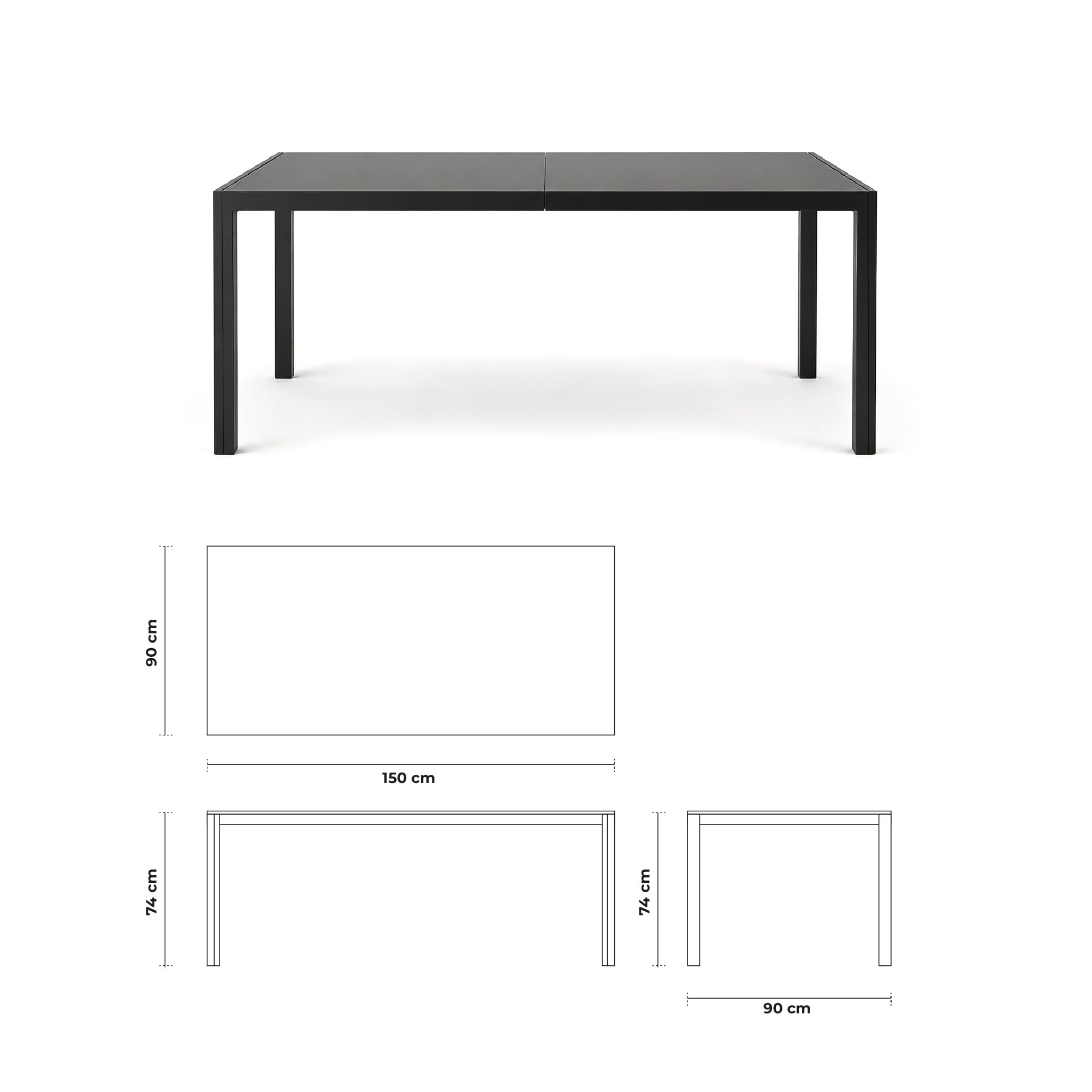 Tavolo da Pranzo per Interno ed Esterno 150x90 cm, Piano in Vetro Temperato Nero 5 mm e Struttura in Acciaio, Tavolo Moderno per 6 Persone, Ideale per Giardino, Terrazza, Cucina e Sala da Pranzo