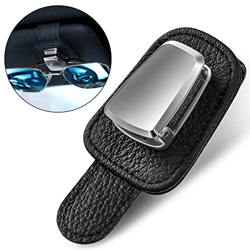 Car Glasses Holder in Black Leather Eyeglasses Hanger and Ticket Card Clip Universal Car Visor Sunglasses Holder Clip Visor Sunglasses Clamp Eyeglasses Mount for Car
