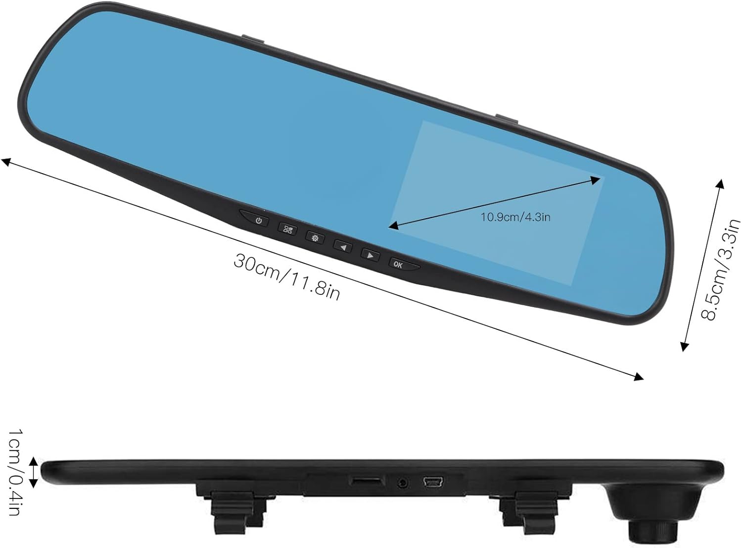 Diagram showing the dimensions of the EBTOOLS mirror dash cam: 30cm length, 8.5cm width, and 1cm thickness.