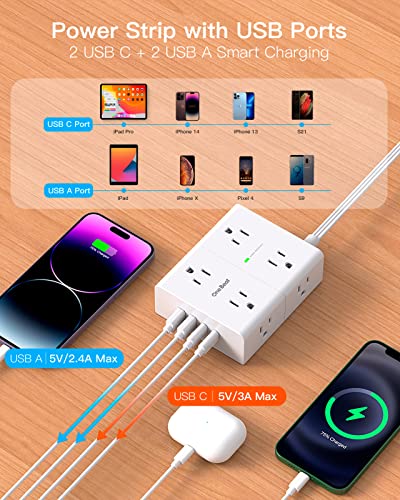 Surge Protector Power Strip, Ulta Flat Plug Power Strip With 8 Widely Outlets 4 Usb Ports (2 Usb C), 5Ft Flat Extension Cord, 1080J Wall Multi Plug Outlet Extender For Home Office Dorm Room Essentials #TOP1