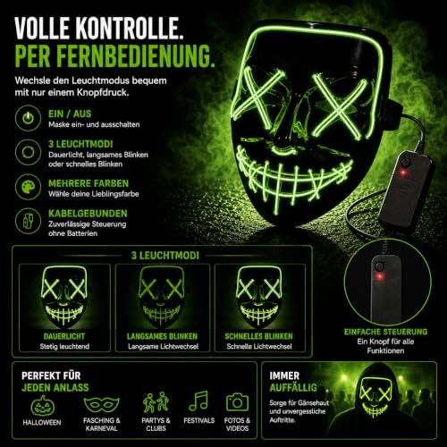 LED Purge Maske grün - Kostümmaske steuerbar für Halloween, Fasching & Karneval als Kostüm für Herren & Damen (Farbauswahl) (grün) – Ansicht 7