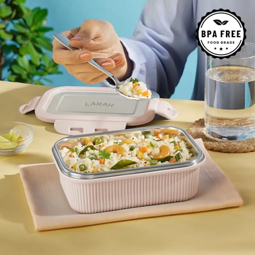 Image of Larah by BOROSIL Freshbyte Food Storage Container with Airtight Stainless Steel Lid | Fridge Container for Lunchbox | Food Grade | Microwave Safe (Beige, 400 ml, Rectangular)