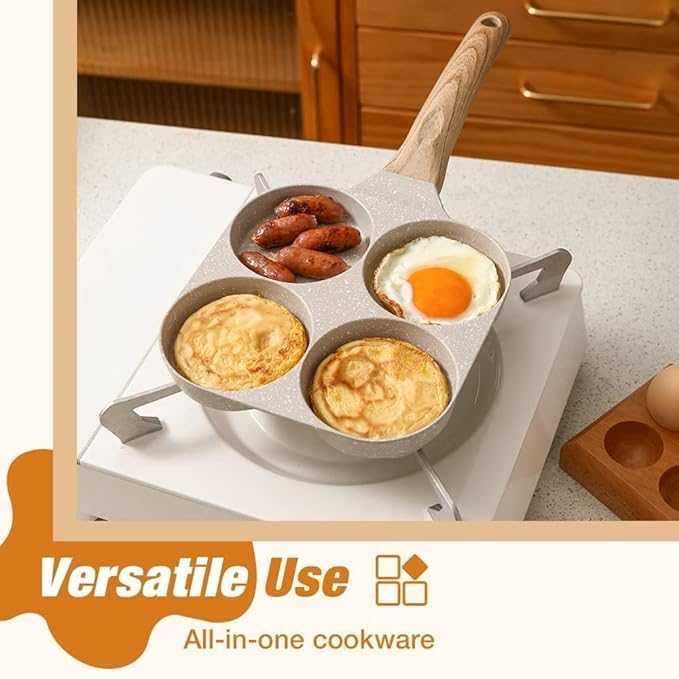 Image of 4 Hole Non Stick Egg Frying pan with Detachable Wooden Handle,Multi Purpose Frying pan for Omelet uttapam idli Burger Poached Egg Kitchen Breakfast
