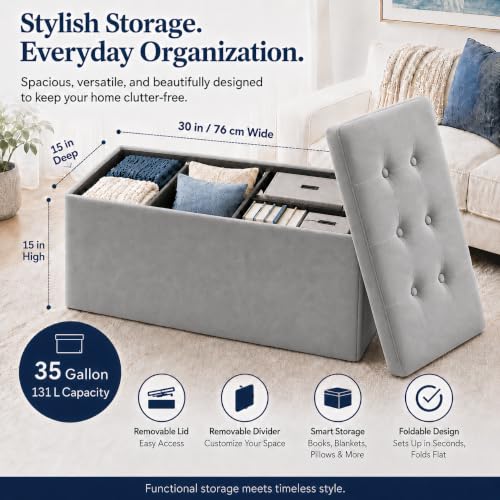 Image of ALASDO 30 Inch Folding Storage Ottoman Bench with Hidden Storage, Velvet Storage Ottoman Foot Rest Stool, End of Bed Bench for Bedroom, Living Room, Entryway and Closet, Dark Gray