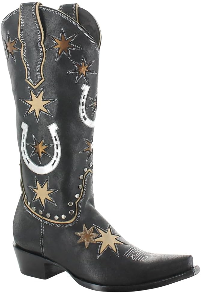 Old Gringo Lucky Star Western Cowboy Boots, Black with Gold Stars and Silver Horseshoes, Handcrafted Leather, Side Zippe