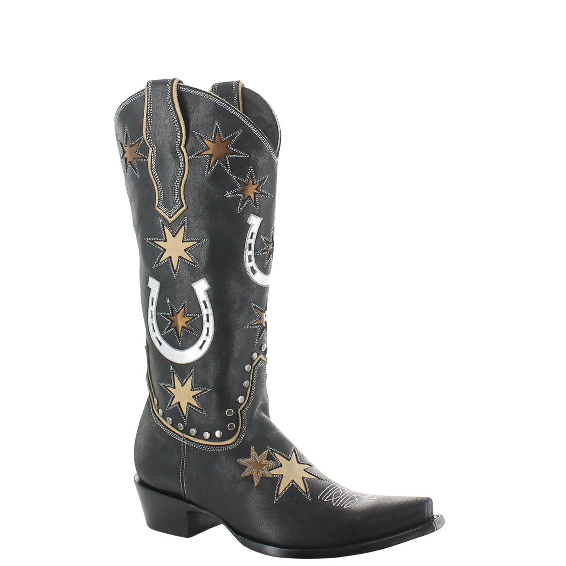 Old Gringo Lucky Star Western Cowboy Boots, Black with Gold Stars and Silver Horseshoes, Handcrafted Leather, Side Zippe
