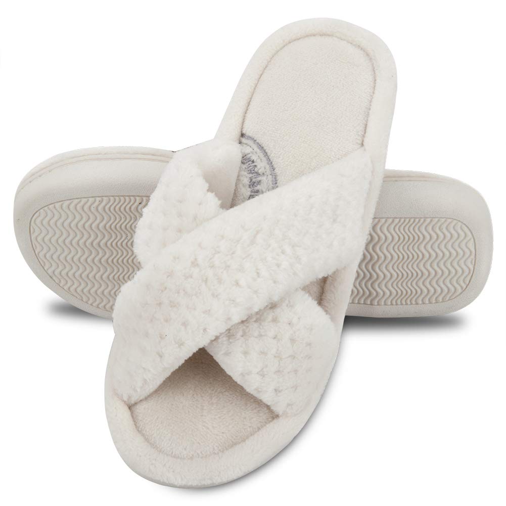 DLWomen's Open Toe Cross Band Slippers, Memory Foam Slip on Home Slippers for Women with Indoor Outdoor Arch Support Rubber Sole