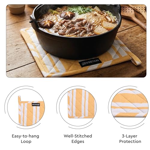 Image of Encasa XO Heat Resistant 100% Cotton Oven Glove & Potholder Set with Loop, Kitchen Cooking Mittens, Microwave Safe Hot Pads (Franca Yellow Stripes)