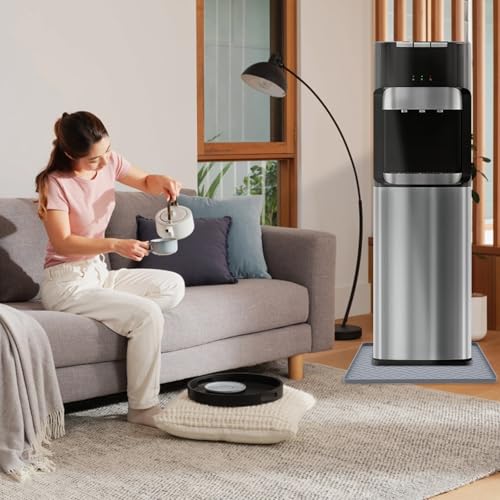 Image of Water Cooler Mat, 19.7 inch x 19.7 inch Silicone Water Dispenser Mat, Non Slip Water Cooler Tray with Raised Edge for Foor Protector, Waterproof Tray for Mini Fridge, Humidifier, Ice Maker, Kitchen (Gray)