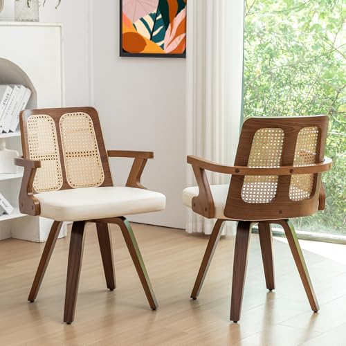 Set of 2 Walnut Dining Chairs - Swivel Rattan Dining Chairs with Bentwood Frame with Ergonomic Cane Back, Curved Arms, MCM Dining Chair for Kitchen/Restaurant/Living Room/Conference (Walnut Beige)