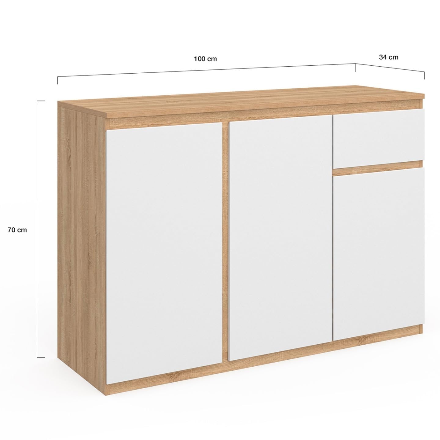 IDMarket TOMI - Aparador de 100 cm, 3 puertas y 1 cajón, color blanco y madera