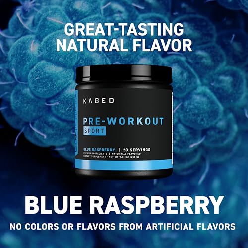 Image of Kaged Sport Pre Workout Powder for Men & Women, Blue Razz, Sport Certified, 188mg Caffeine, Nitric Oxide Supplement, Beta Alanine for Energy, Weightlifting, Cardio Endurance & Strength, 20 Servings