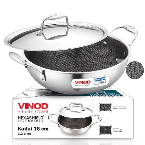 Vinod SAS Pro Platinum Triply Stainless Steel Hybrid Non Stick Kadai - 18 cm, 1.2 L | Hexa Design Stick-Resistant Surface | Metal Spatula Safe | Healthy Cooking | Induction & Gas Compatible