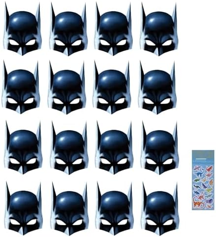 Unique Batman Super Hero Birthday Party Supplies Favor Bundle includes 16 Party Paper Masks with 1 Dinosaur Sticker Sheet