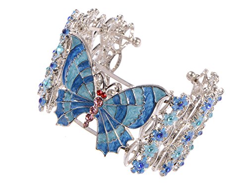 Alilang Silver Tone Blue Enamel Floral Crystal Rhinestone Flower Butterfly Cuff Bangle Bracelet #TOP30