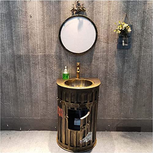 Lavabo de pedestal para baño independiente Art Hotel Home, moderno armario de lavabo con grifo y desagüe, mueble de baño independiente, estilo industrial, mueble de baño(Bronze-With mirror)