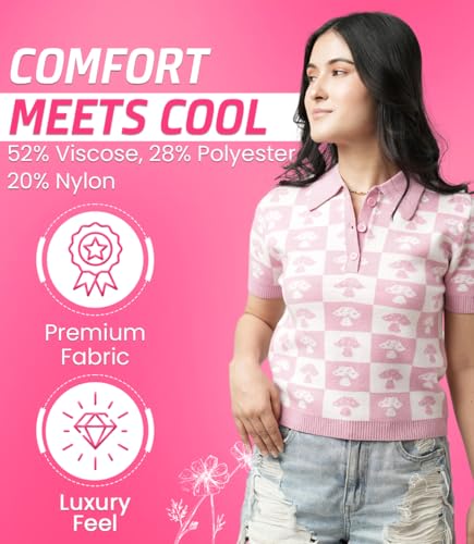 Image of Womens Short Sleeve Sweater in Pink with Large Size | Short Sleeve Sweater for Women in Checkerboard Pattern | Womens Knit Tops Sweater Polo Women with Front Button Placket