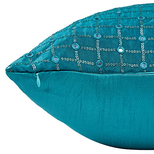 Image of Teal Decorative Cushion Covers 20x20 inches Set of 2, Silk Embroidered Pillow Covers, Turquoise Throw Pillows