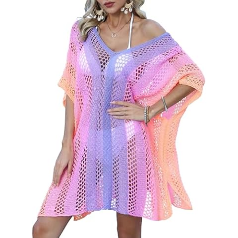 Ferand Women's Crochet Swimsuit Coverup Colorful Beach Cover Ups for Swimwear, Pink & Purple Cover