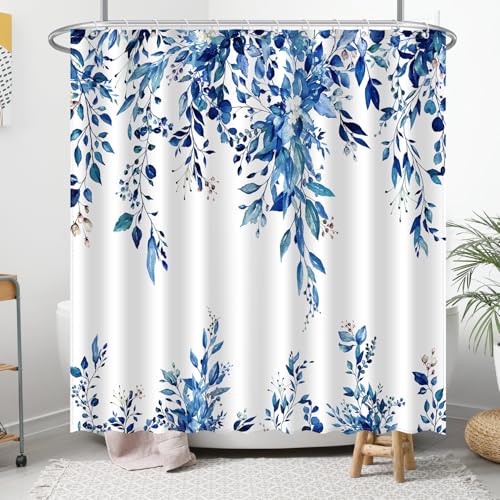 Image of Eucalyptus Shower Curtain, Abstract Aesthetic Art Watercolor Plant Leaves with Floral Bathroom Decor, Waterproof Fabric Cloth Bath Curtain Set with Hooks (Dark Blue, 72x72 Inches)