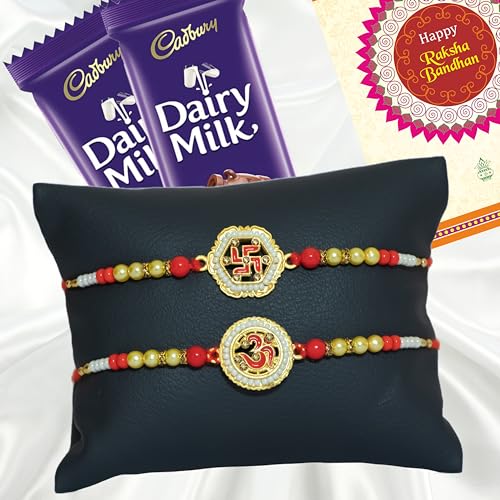 Image of Canton Rakhii Combo Gift Hamper Pack of 2 Rakhii For Brother With Chocolate, Rakhi With Cadbury Dairy Milk, Greeting Card & Roli Tilak (Design-20, 2 Rakhi With Cadbury)