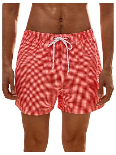SHENHE Men's Gingham Plaid Swim Trunks Drawstring Hawaiian Surfing Beach Board Shorts - Main Image