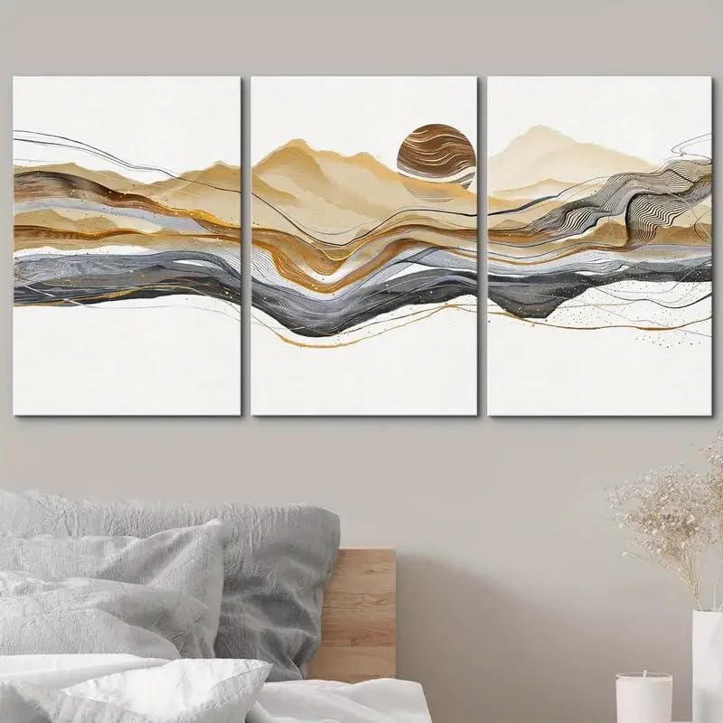 Tableau abstrait montagne decoration salon moderne triptyque toile 50x70 cm noir or