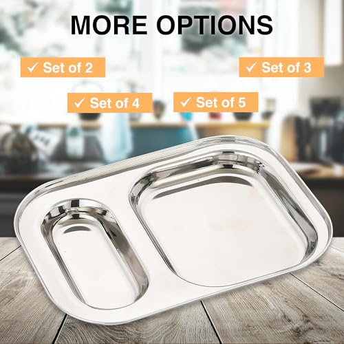 Image of Expresso 2 in 1 Rectangle Eight Compartment Divided Plate /Thali /Bhojan Thali /Mess Tray /Dinner Plate | Plates for Lunch /Dinner with Mirror Finish Stainless Steel Bhojan Plates Set of 2