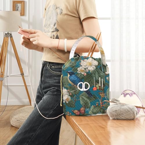 Image of ElliTarr Crochet Bag Yarn Bag with Handle Portable Knitting Project Bag Travel Yarn Storage Organizer Holder Case Vintage Blue Bird Flowers Butterflies