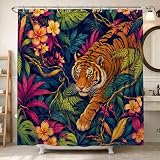 Tiger Duschvorhang, tropische exotische Blumen, Blätter, Sommergrün, waschbar, mit Haken, dekorativer Badezimmer-Vorhang für Badezimmer, Badewanne, Wohnung, Dekoration, 183 x 190 cm