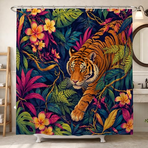 Tiger Duschvorhang, tropische exotische Blumen, Blätter, Sommergrün, waschbar, mit Haken, dekorativer Badezimmer-Vorhang für Badezimmer, Badewanne, Wohnung, Dekoration, 183 x 190 cm