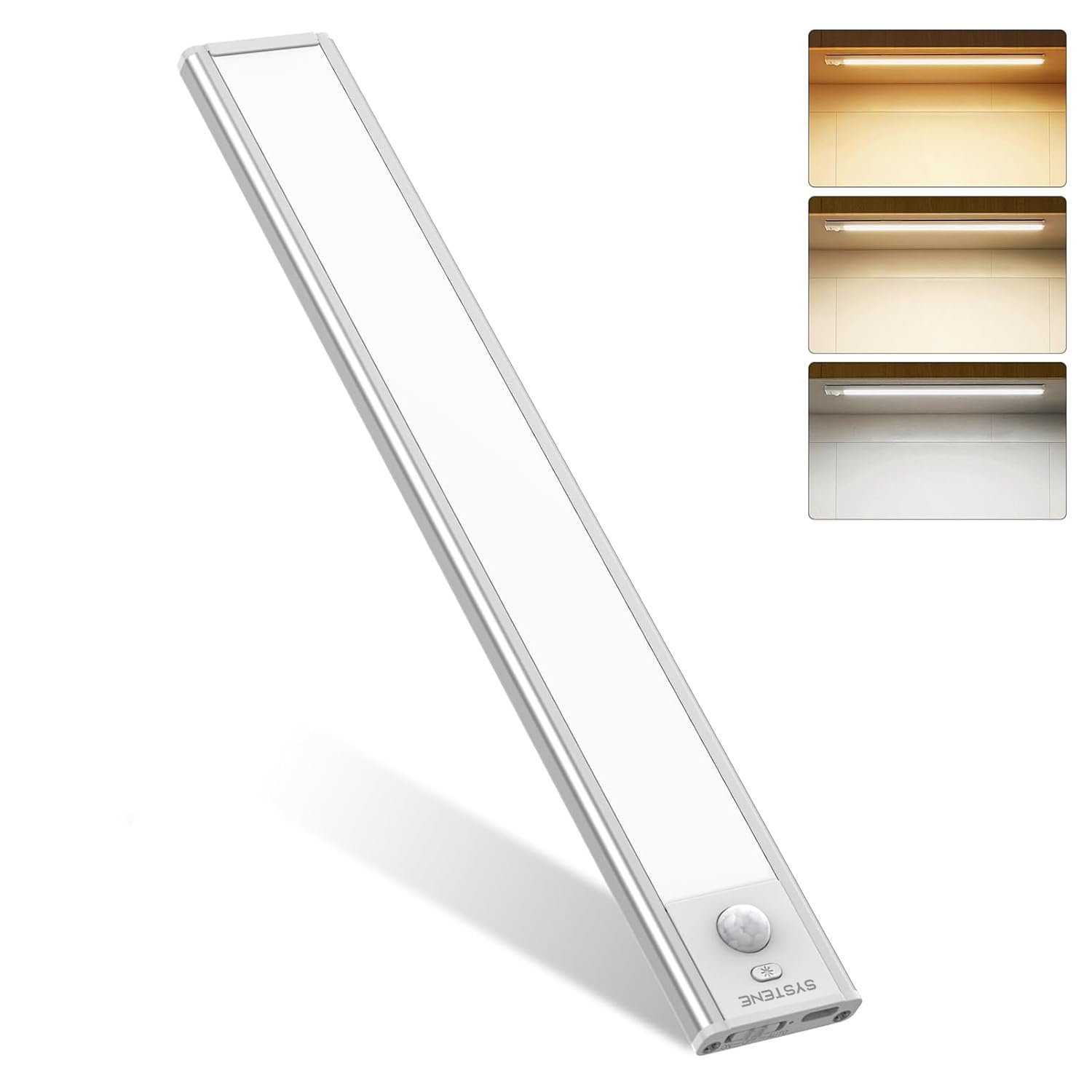 SYSTENE Wireless Cabinet Light, 12 Inch Rechargeable Motion Sensor Closet Light with Stepless Dimming, 3 Light Modes,Aluminum Alloy Casing, Button Control & Magnet Under Counter Light