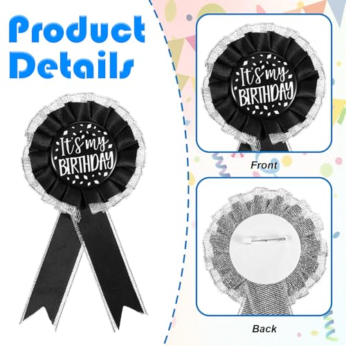 2 Pcs Birthday Pins for Women It's My Birthday Brooch Satin Fabric Happy Birthdays Pin for Award Badge Prize Party Decoration Jewelry Gift Women Men Black White3