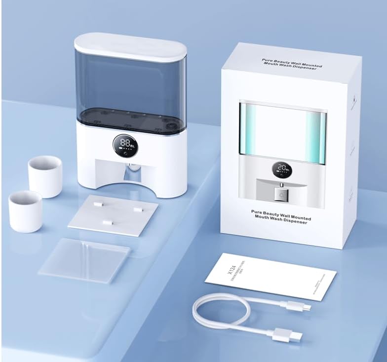 Dispensador de enjuague bucal para baño, contenedor de enjuague bucal de 16.9 fl oz (17.6 onzas), montaje en pared sin perforar, ajuste de tres