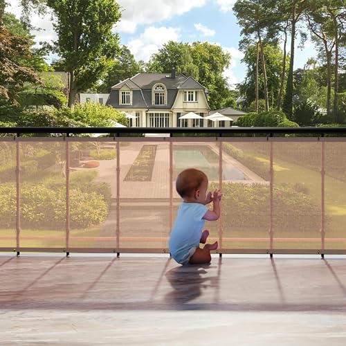 Image of HIPPO Baby Safety Net for Balcony Child Protection Stairway Safety Net Railing Guard for Kids Staircase Protector with Tie-Cords Breathable Fabric Indoor Outdoor Use (1.5MTX3MT, Beige-Brown)