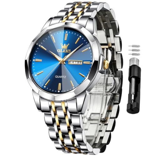 Image of OLEVS Watches for Men Business Dress Diamond Analog Quartz Big Face Luxury Classic Stainless Steel Waterproof Luminous Two Tone Wristwatch