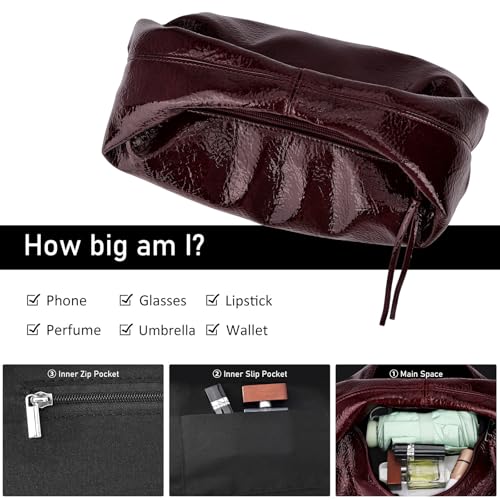 Image of Cloud Pouch Bag Women Shoulder Handbag Soft Zip Handbag Pleated Glossy Leather Hobo Mini Small Purses Ruched Cloud Bags (Burgundy)