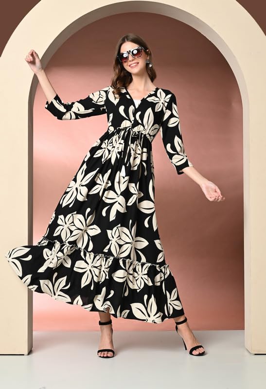 Image of Daevish Women's New Rayon Printed Tie-up Waist V Neck Flared Maxi Dress | Women Flared Dress