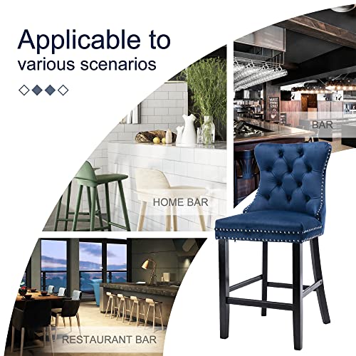 Image of Virabit Velvet Counter Height Bar Stools Set of 2, 27 inch Padded Bar Stool with Button and Nailhead Decoration, Bar Stool with Back and Wooden Legs(Blue)