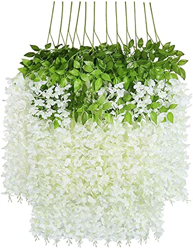 Image of Silk, Plastic Artificial Hanging Wisteria Flower Vine, White - Pack of 6