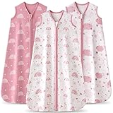 FIEMOL Baby Sleep Sack 0-6 months, 100% Cotton Sleeping Sack for Newborn and Infant, 3 Pack Baby Wearable Blanket, 0.5 Tog Lightweight Double Zipper Sleep Bag Pink Rainbow