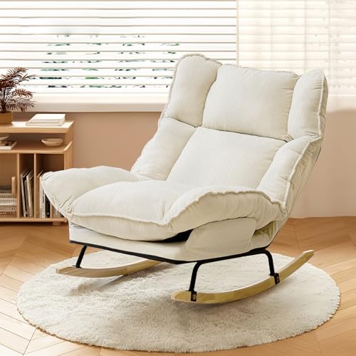 Image of Rocking Chair with Adjustable High Backrest, Extra-Wide Upholstered Glider Rocker, Comfy Corduroy Accent Chair for Living Room Bedroom