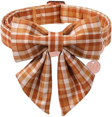 UP URARA PUP Fall Plaid Dog Collar and Bow Tie Set – Brown Orange Checkered Adjustable Collar with Maple Leaf Charm for Small Medium Large Dogs, Soft Cotton Puppy Collar with Quick Release Buckle