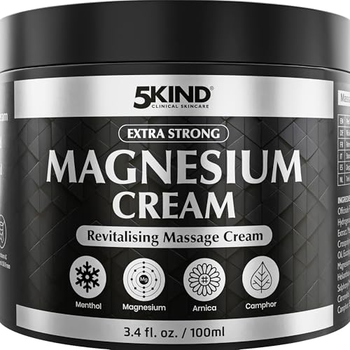 5Kind Crema de magnesio extrafuerte, 100ml - Crema de magnesio para músculos, articulaciones, espalda, rodillas, hombros - Enriquecida con árnica, eucalipto, consuelda, mentol y aceite de cáñamo