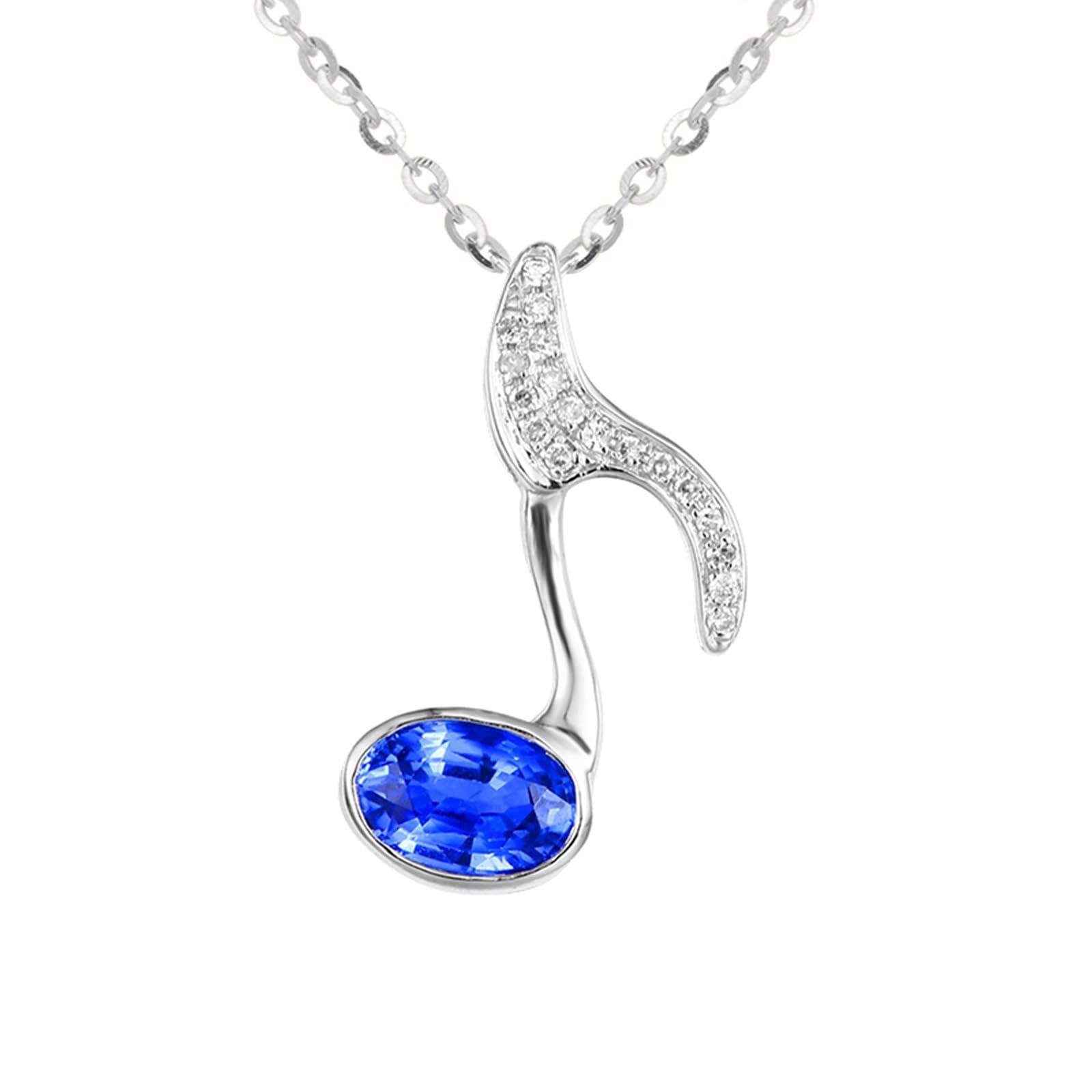 Naszyjnik damski z białego złota 18 K 750, 0,75 ct, szafirowy łańcuszek, niebieski, notacja muzyczna, łańcuszek damski, modna biżuteria 750 białe złoto z moissanit, długość 46-49 cm, 18