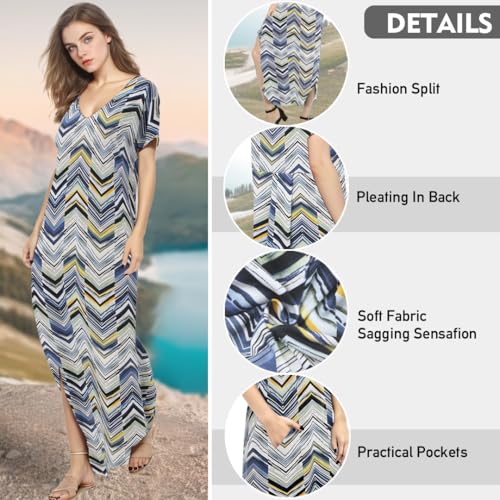 Image of Match Women's V-Neck Casual Loose Short Sleeve Long T-Shirt Dress Split Maxi Dress with Side Pocket