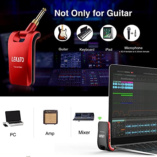 Image of LEKATO 2.4GHz Wireless Guitar System - 6 Channels Rechargeable Wireless Transmitter & Receiver for Guitar & Bass, Stereo & Mono 1 /4' & 1 /8' 2 in 1 Plugs (Black & Red)