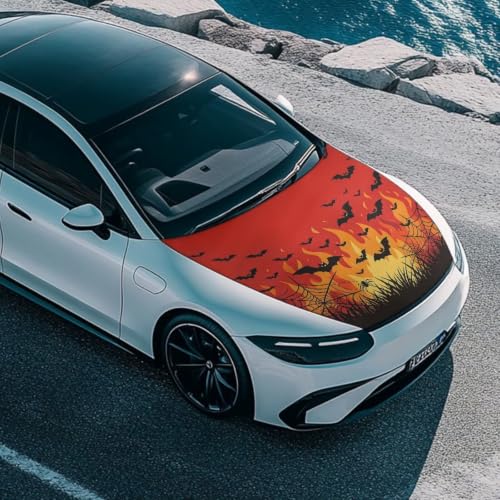 Image of Bat Spider Web Halloween Print Car Hood Cover Protector 59x39 Inch Stretchable Auto Hood Wraps Waterproof Halloween Automotive Exterior Accessories for Most SUV Sedans Trucks