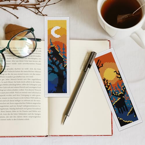 Image of INFUNLY 6pcs Animal Silhouettes DIY Cross Stitch Bookmark Starter Kits with Instruction 2.4''x7.9'' Lion Giraffe Stamped Embroidery Bookmark Kit Moon Branches Embroidery Bookmark Set for Book Lovers