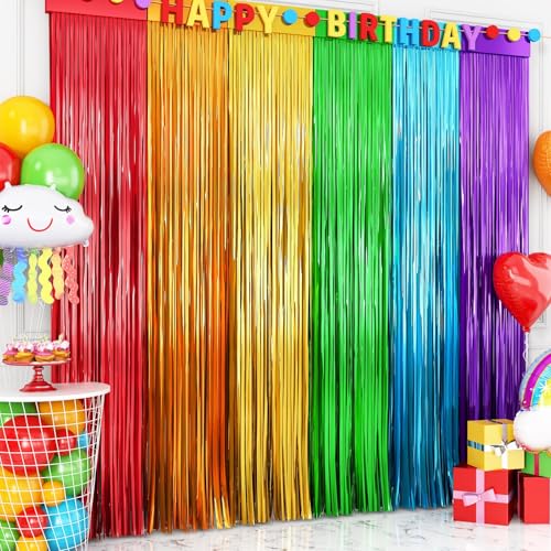 Image of Rainbow Foil Fringe Curtains, 2 Pack 3.3x6.6ft Rainbow Metallic Tinsel Metallic Streamers Holiday Photo Booth Props Backdrop for Rainbow Birthday Wedding Bridal Shower New Years Party Decorations